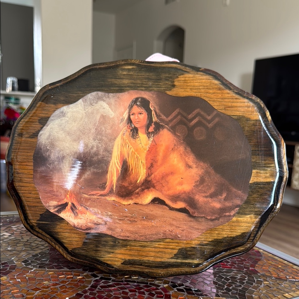 Vintage lacquered Native American Woman By Fire Smoke Horse And Rider Art Work - Picture 3 of 6